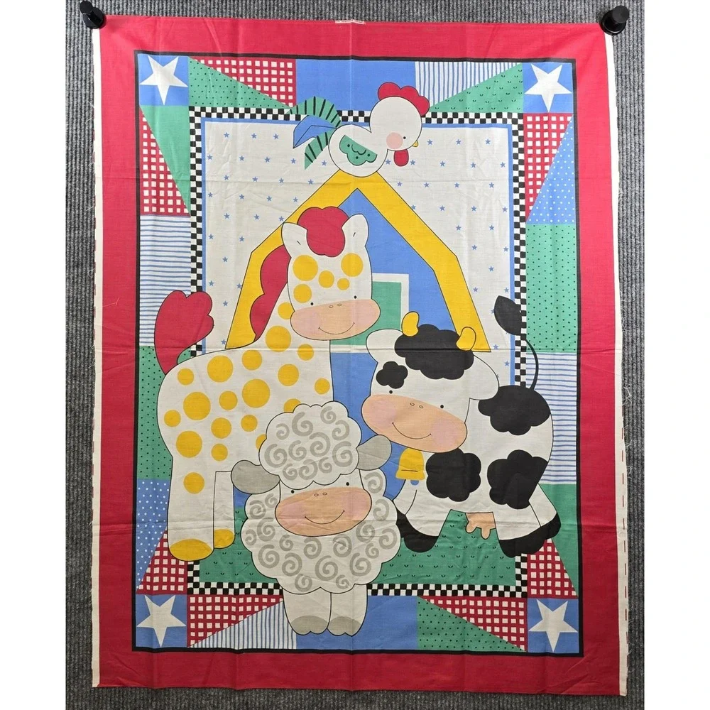Vintage 1990s Springs Industries Farm Animals Fabric Panel Cow Sheep Horse 35x35